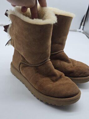 UGG Boots Womens Size 6 Brown Bailey Bow II Suede Shearling Mid Calf 1016225